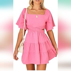 Women's Summer Dress Square Neck Short Sleeves Crossover Waist Casual